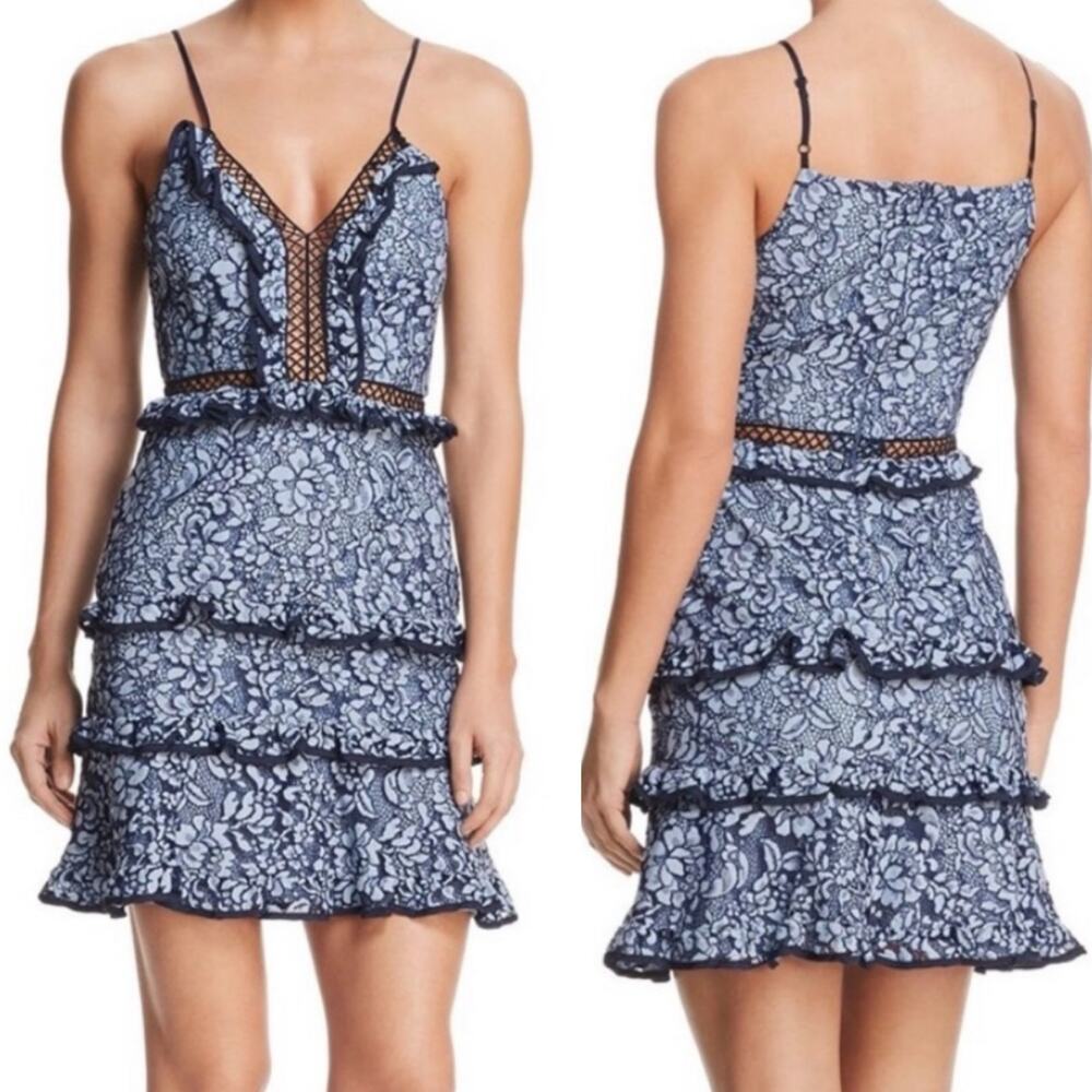KEEPSAKE the Label Navy and White Lace-Print Tiered Mini Dress